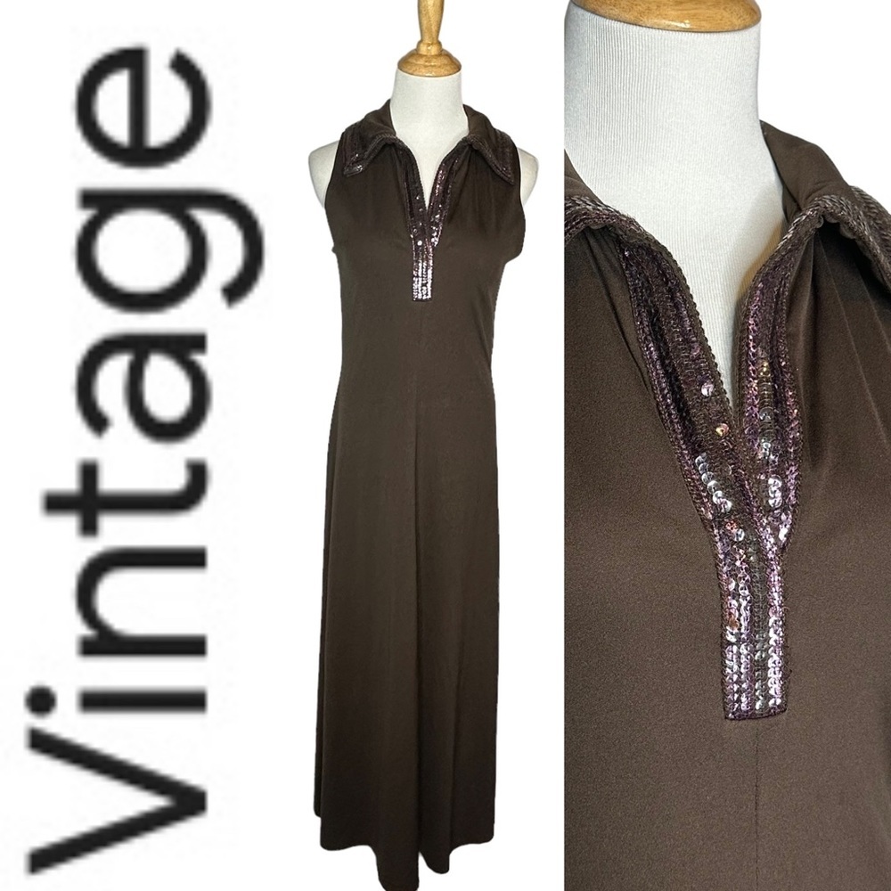 Rare Vintage 70’s Triffik New York Brown and Purple Sequin Maxi  Gown